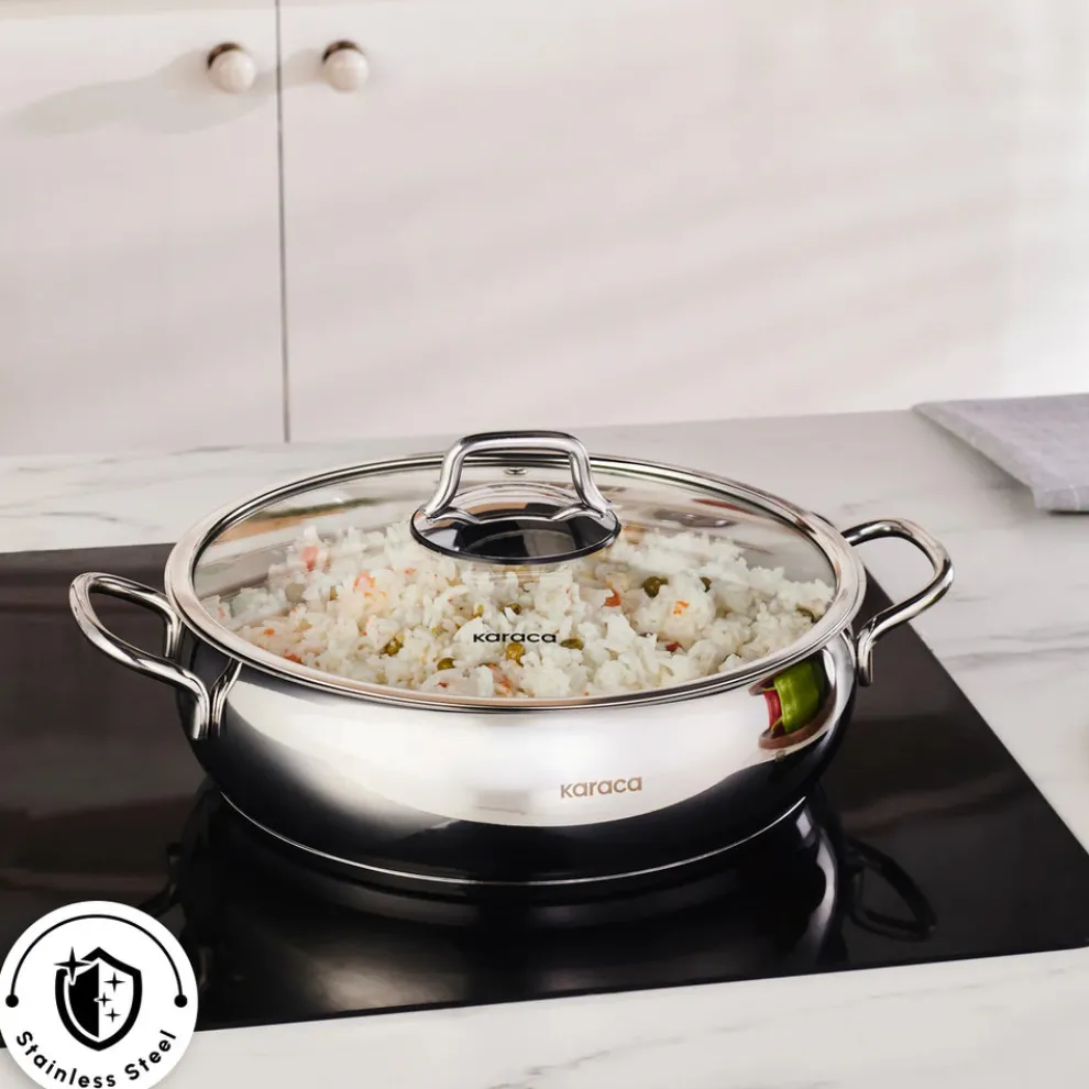 Karaca Emirgan Stainless Steel Shallow Casserole with Lid, 26cm, Silver