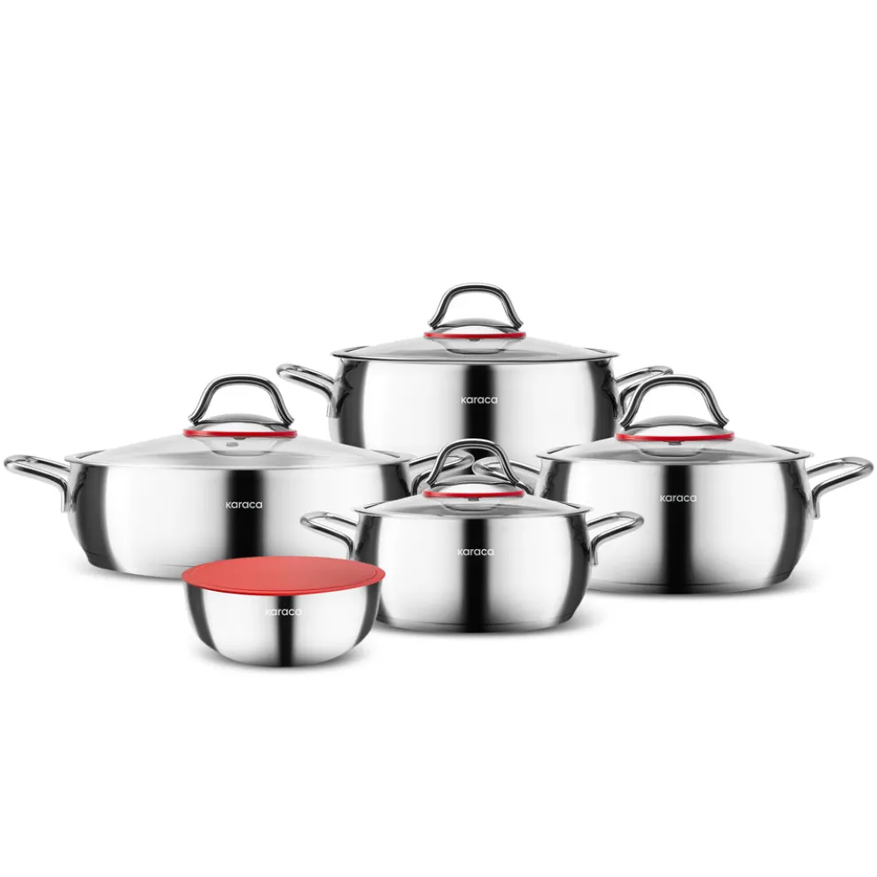 Karaca Emirgan XL 10-Piece Stainless Steel Induction Cookware Set with Storage Container, Silver Red