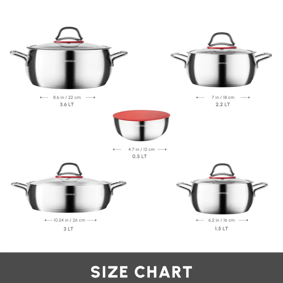 Karaca Emirgan XL 10-Piece Stainless Steel Induction Cookware Set with Storage Container, Silver Red