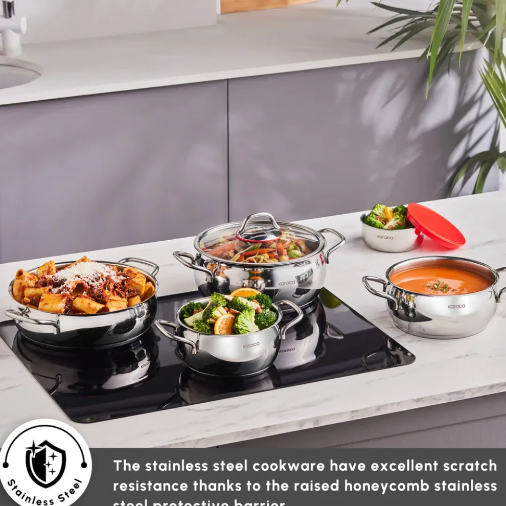 Karaca Emirgan XL 10-Piece Stainless Steel Induction Cookware Set with Storage Container, Silver Red