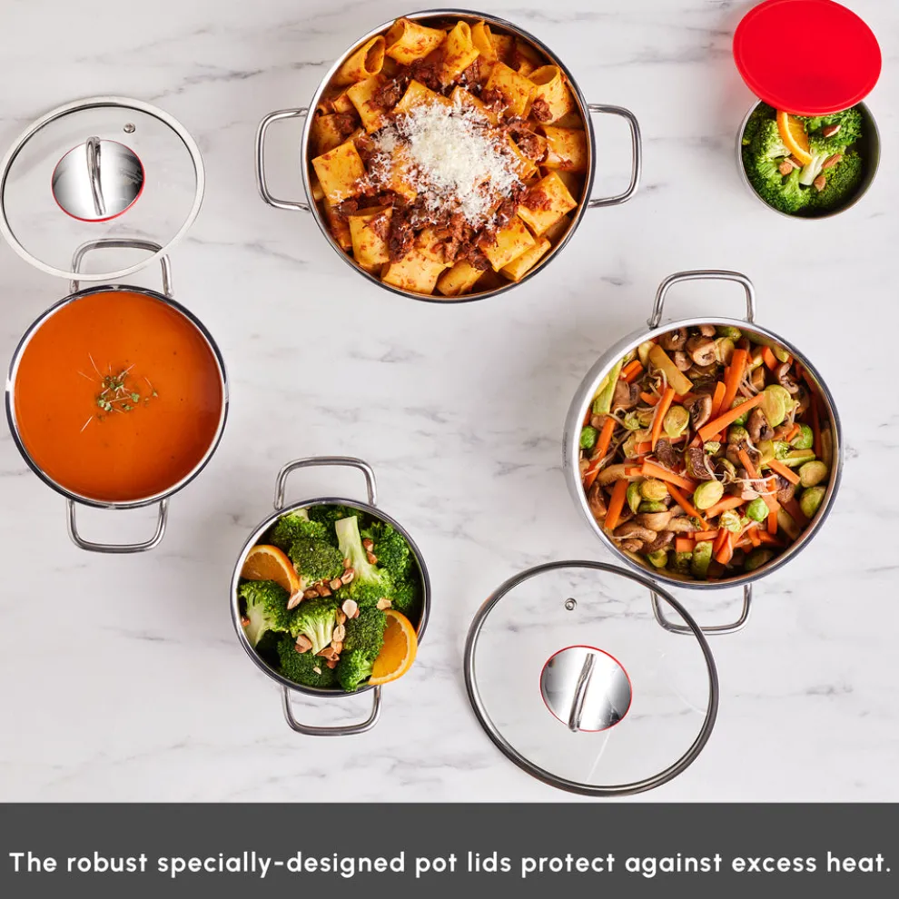 Karaca Emirgan XL 10-Piece Stainless Steel Induction Cookware Set with Storage Container, Silver Red