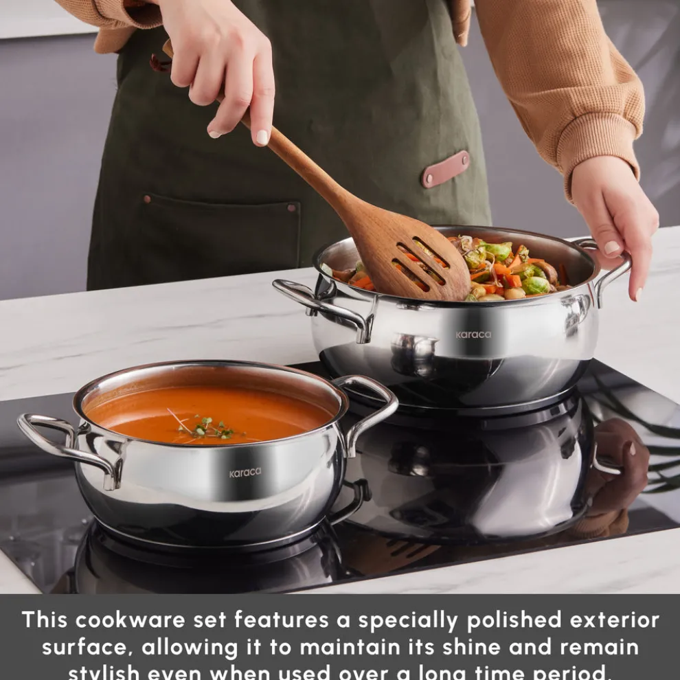 Karaca Emirgan XL 10-Piece Stainless Steel Induction Cookware Set with Storage Container, Silver Red