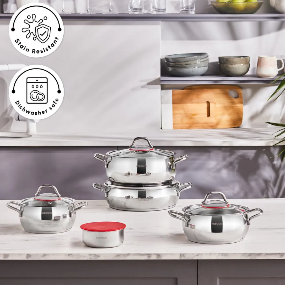 Karaca Emirgan XL 10-Piece Stainless Steel Induction Cookware Set with Storage Container, Silver Red