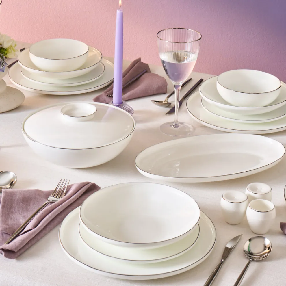 Karaca Fine Bone New Meridian 55-Piece Dinner Set for 12 People, Platin
