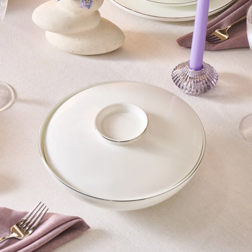 Karaca Fine Bone New Meridian 55-Piece Dinner Set for 12 People, Platin