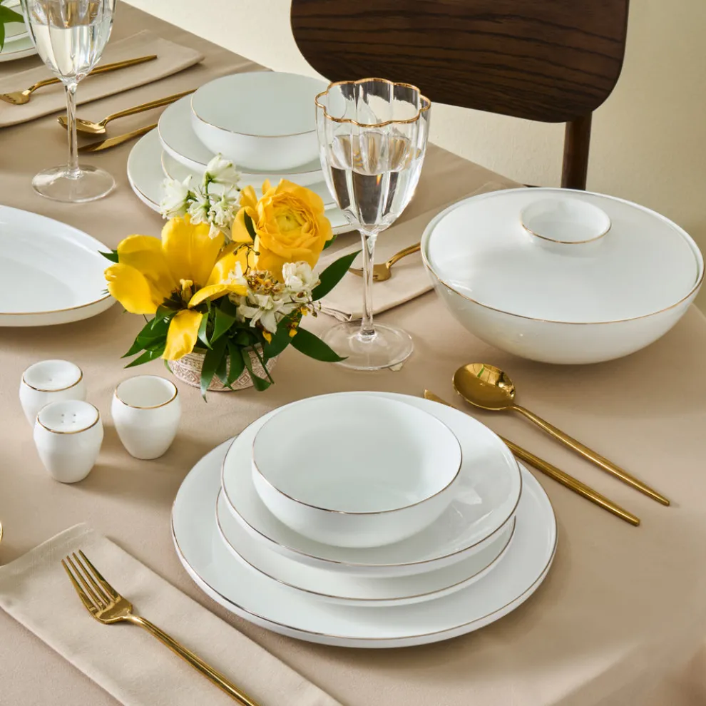 Karaca Fine Bone New Meridian 55-Piece Dinner Set for 12 People, Gold