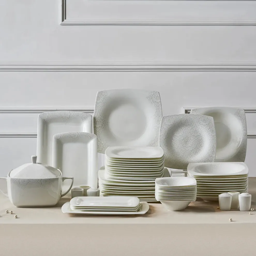Karaca Fine Pearl Helen 62-Piece Dinner Set for 12 People, White