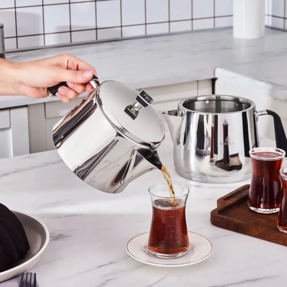 Karaca Fiona Stainless Steel Teapot Set, XL, Silver