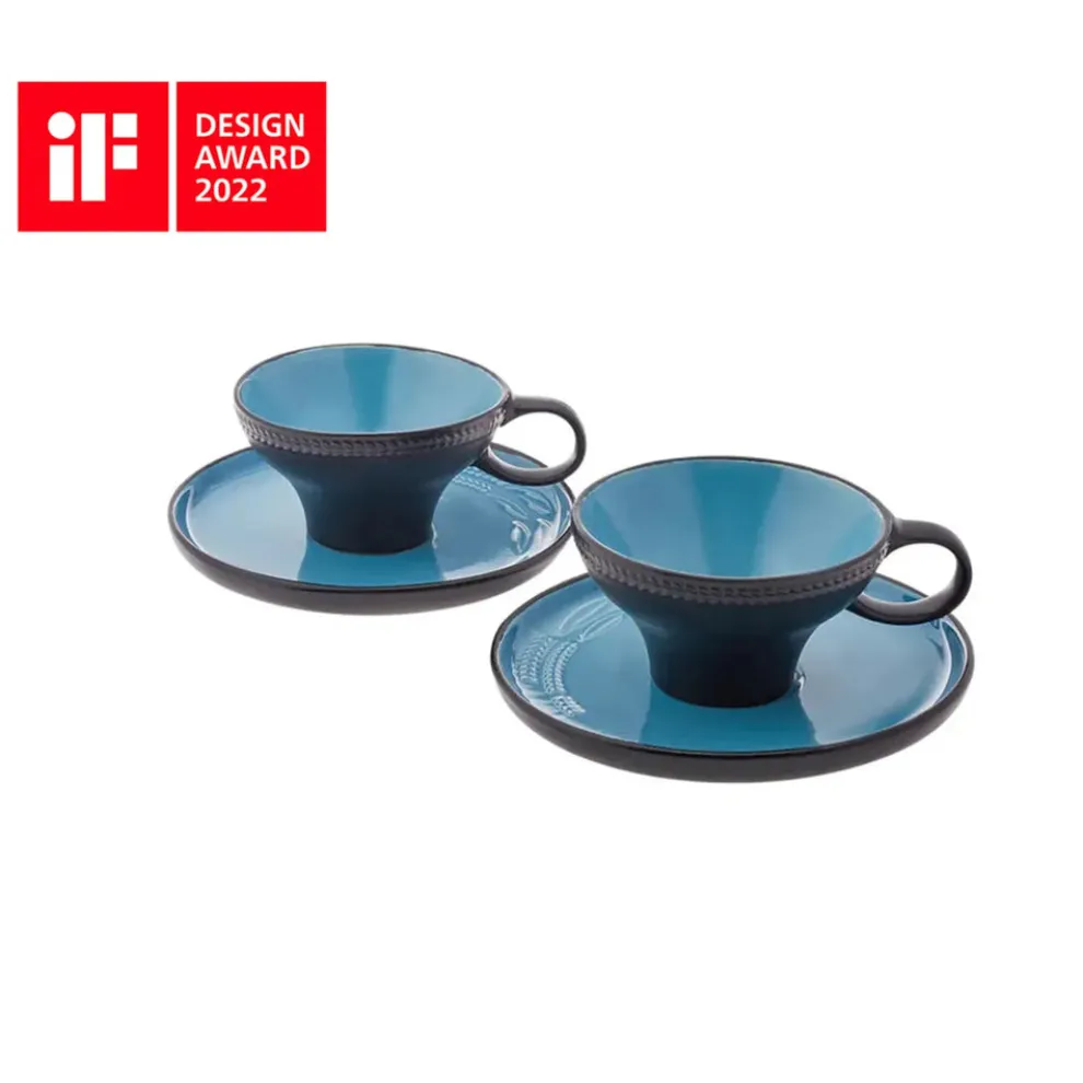 Karaca Fit Collection 4 Piece Stoneware Tea Cup and Saucer Set for 2 People, 10cmx5.5cm, Blue Black