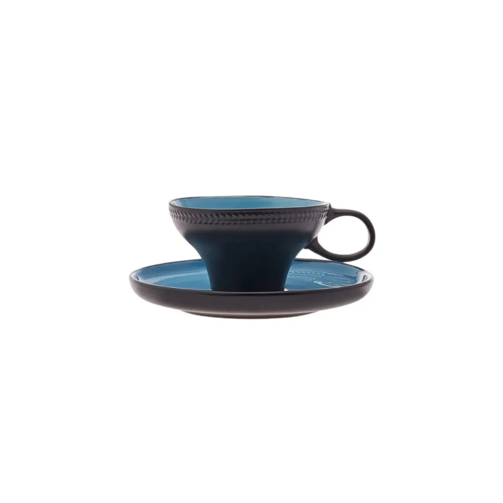 Karaca Fit Collection 4 Piece Stoneware Tea Cup and Saucer Set for 2 People, 10cmx5.5cm, Blue Black
