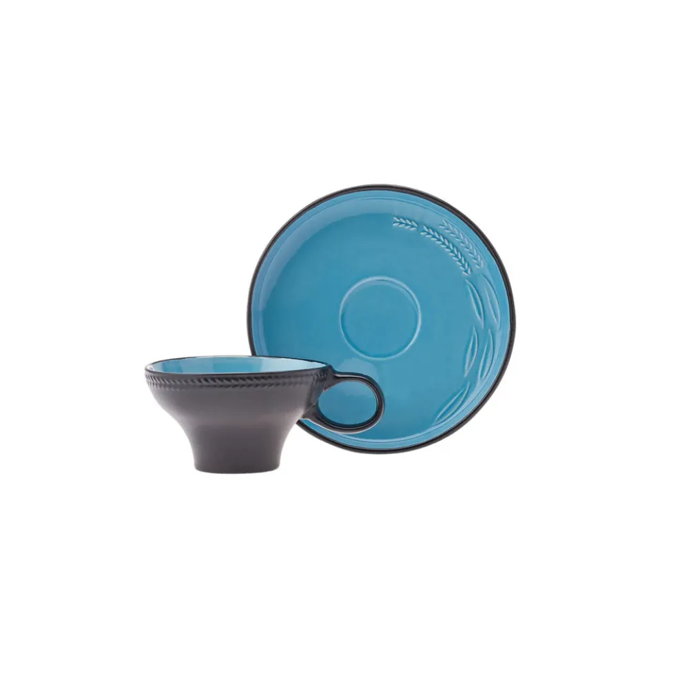 Karaca Fit Collection 4 Piece Stoneware Tea Cup and Saucer Set for 2 People, 10cmx5.5cm, Blue Black