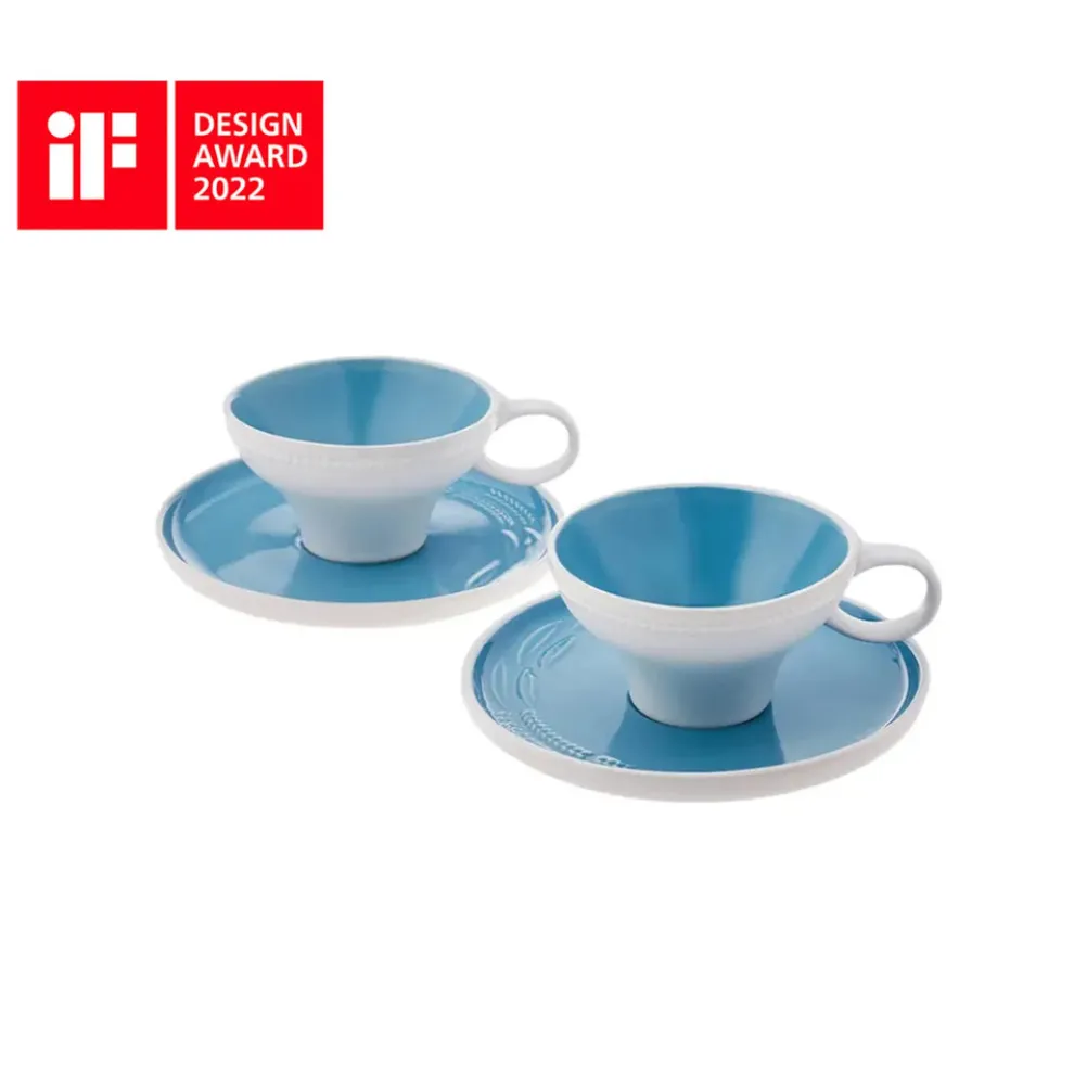 Karaca Fit Collection 4 Piece Stoneware Tea Cup and Saucer Set for 2 People, 10cmx5.5cm, Blue White
