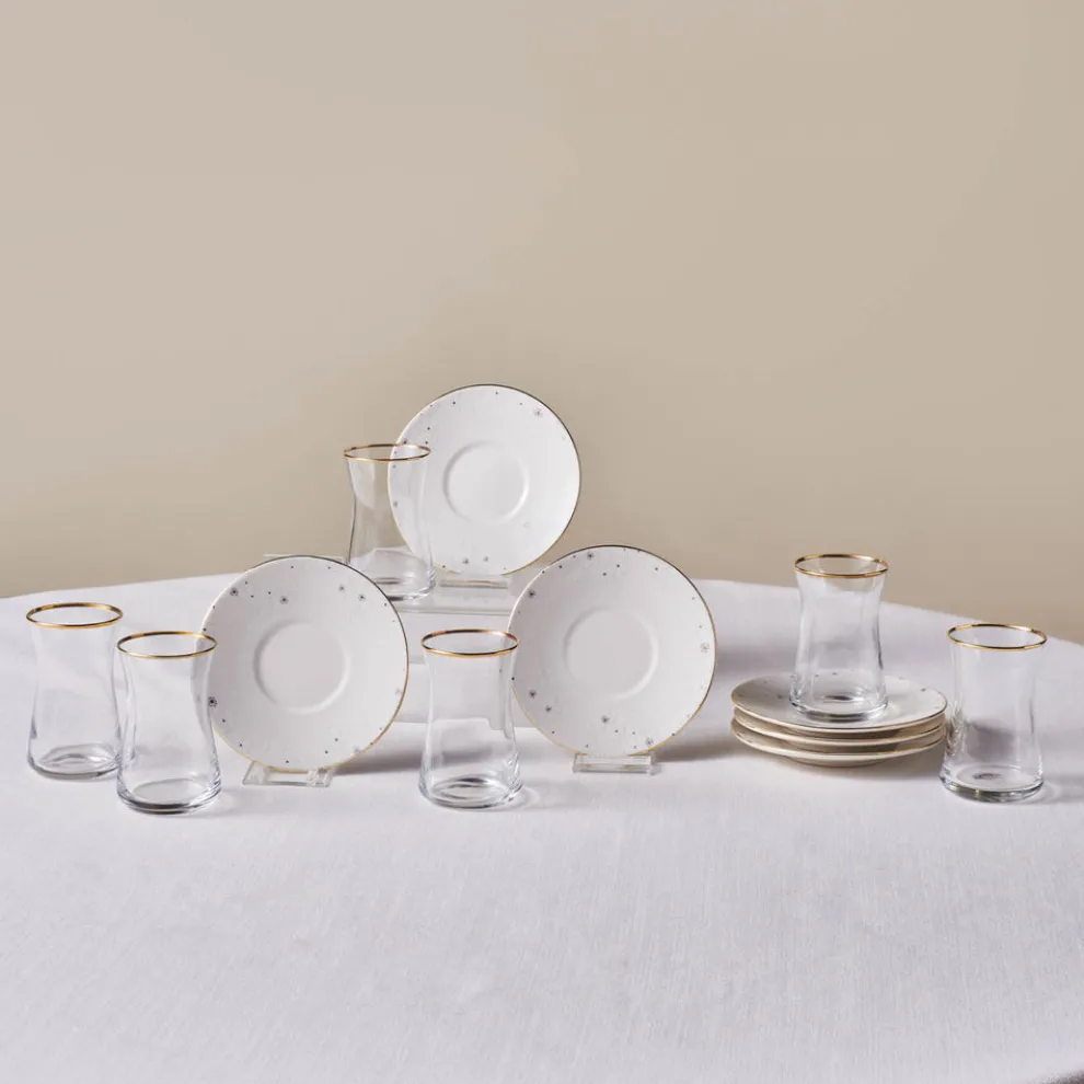 Karaca Fleur 12-Piece Glass Turkish Tea Set for 6 People, 170ml, Gold