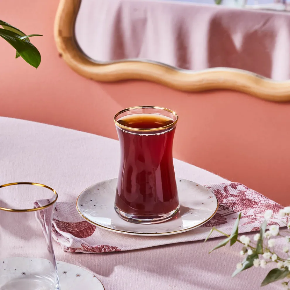 Karaca Fleur 12-Piece Glass Turkish Tea Set for 6 People, 170ml, Gold