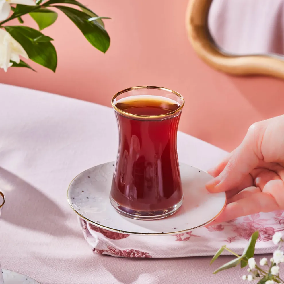 Karaca Fleur 12-Piece Glass Turkish Tea Set for 6 People, 170ml, Gold