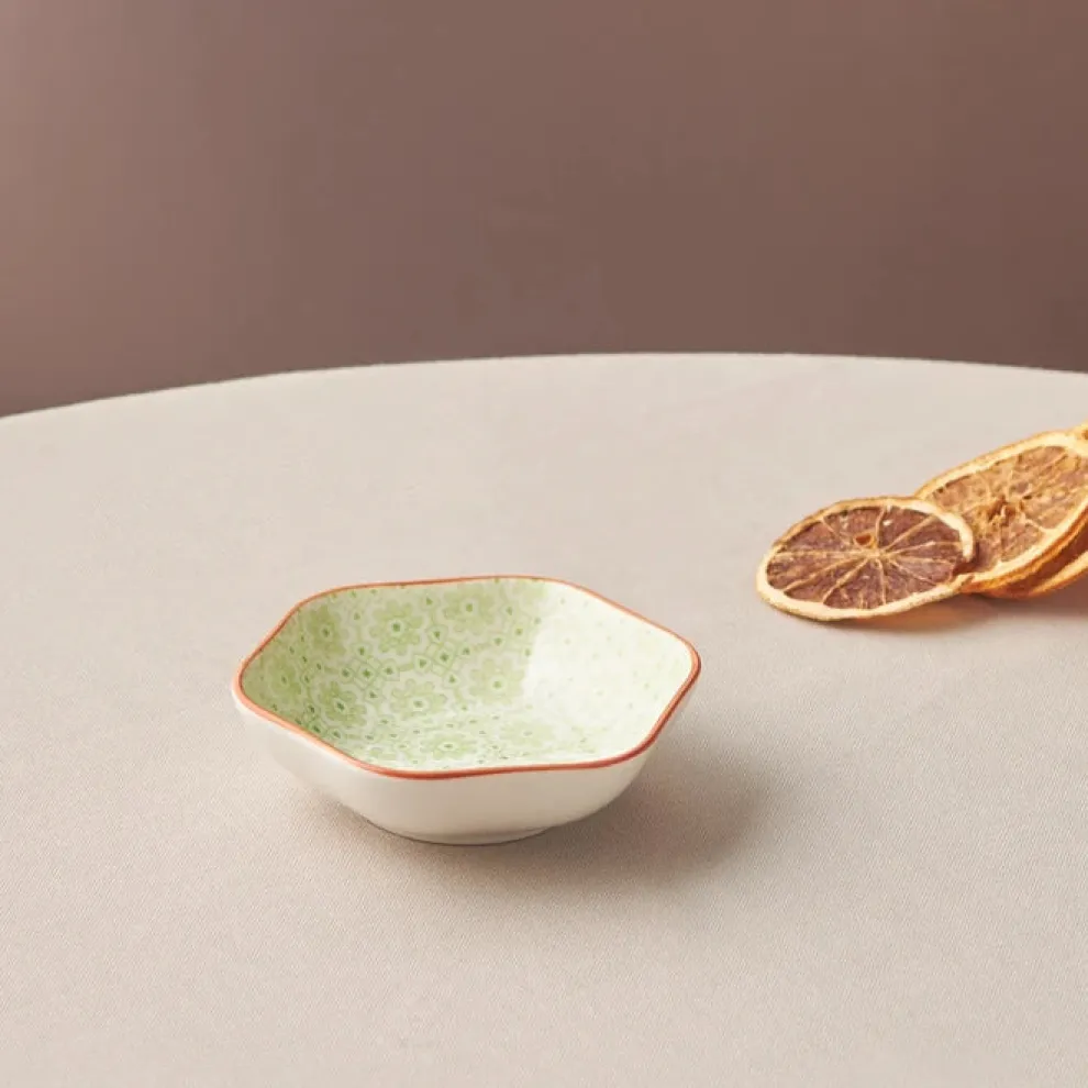 Karaca Floral Porcelain Hexagon Snack Bowl, 10cm, Green