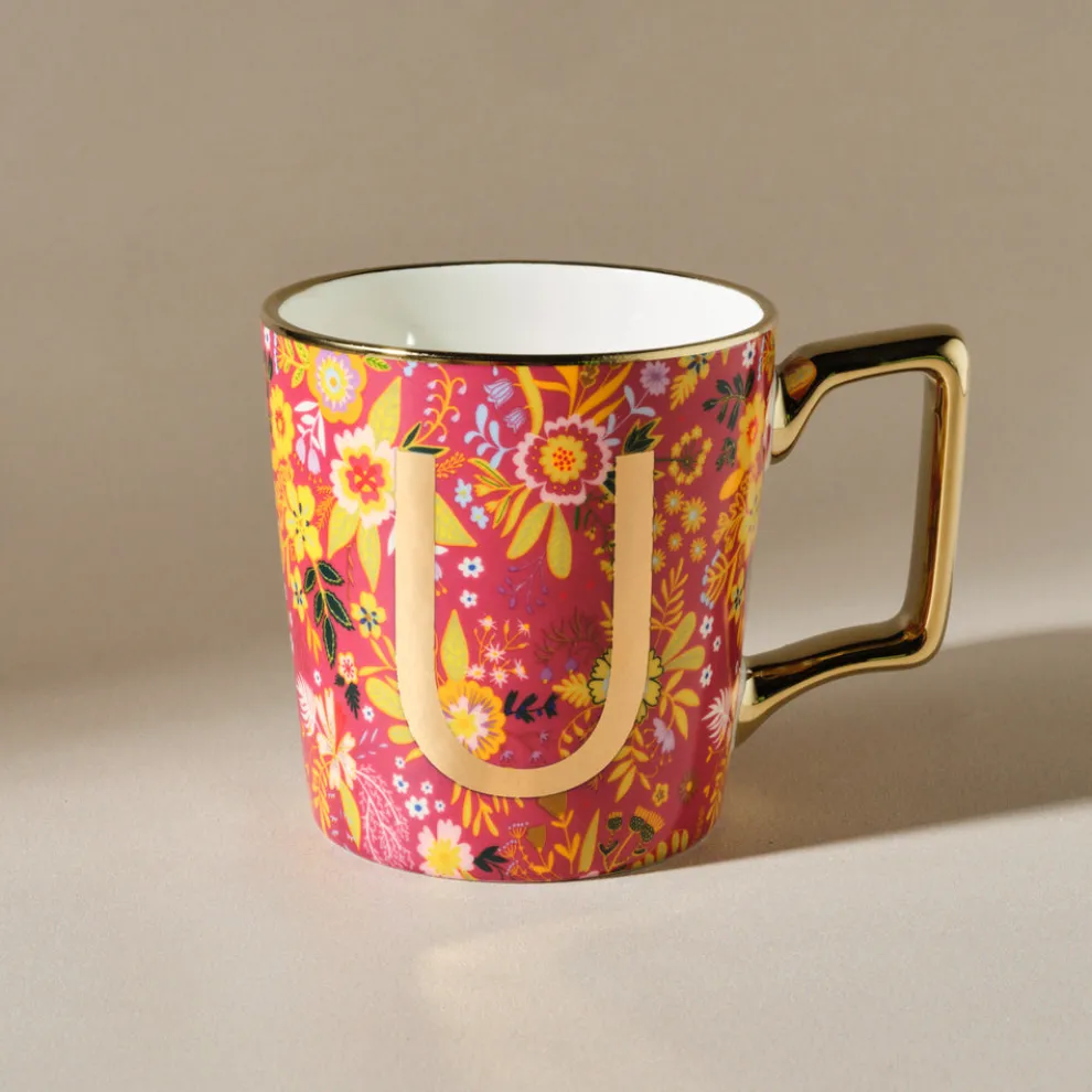 Karaca Flower Porcelain Letter U Mug, 350ml, Multi