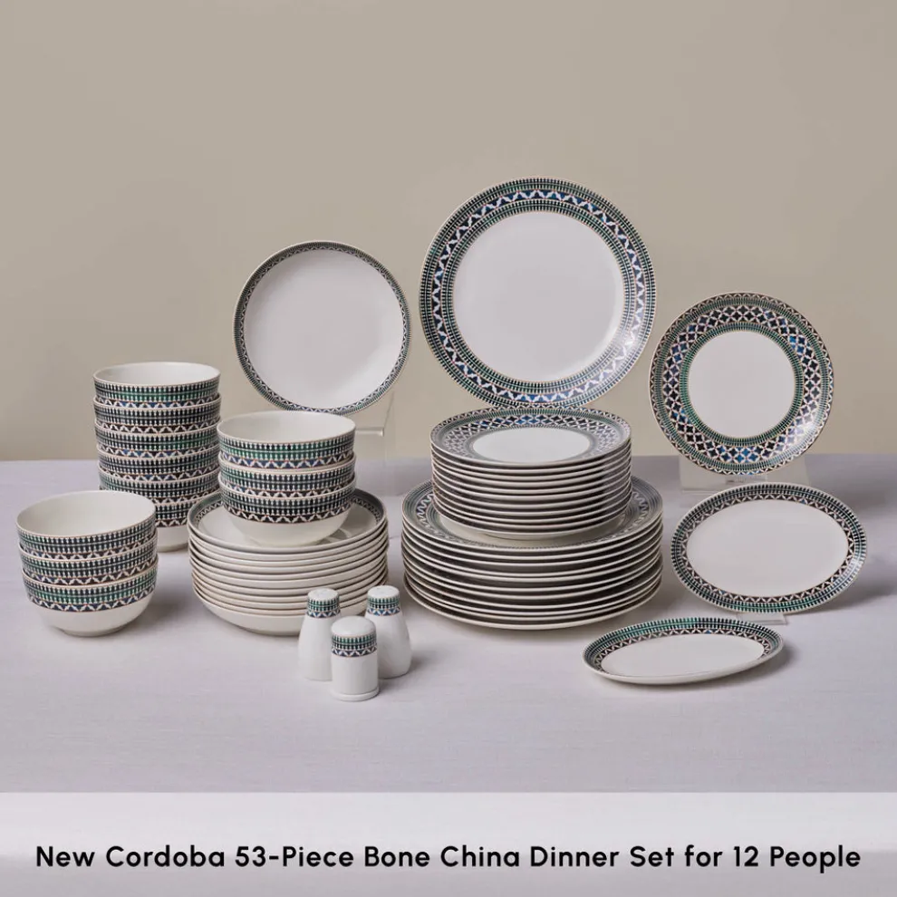 Karaca Forever Bone China New Cordoba 53-Piece Dinner Set for 12 People, Multi