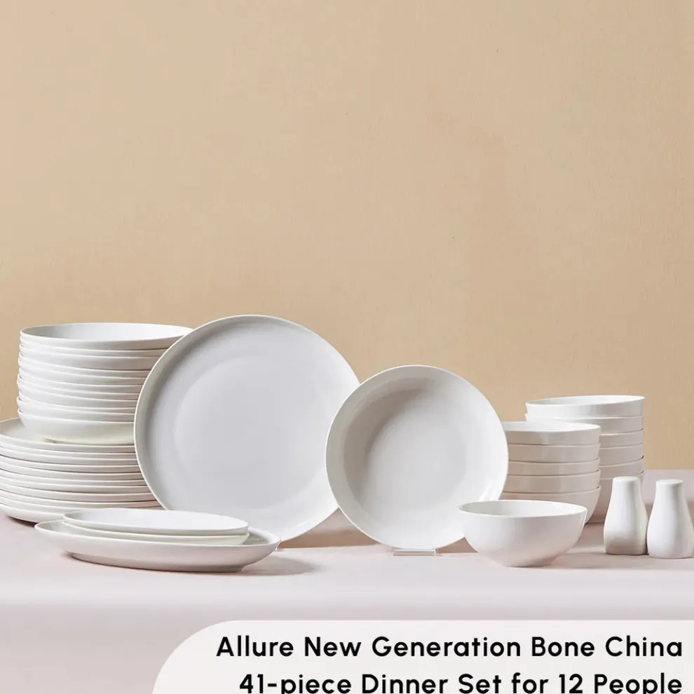 Karaca Forever Bone China Allure 41-Piece Dinner Set for 12 People, White