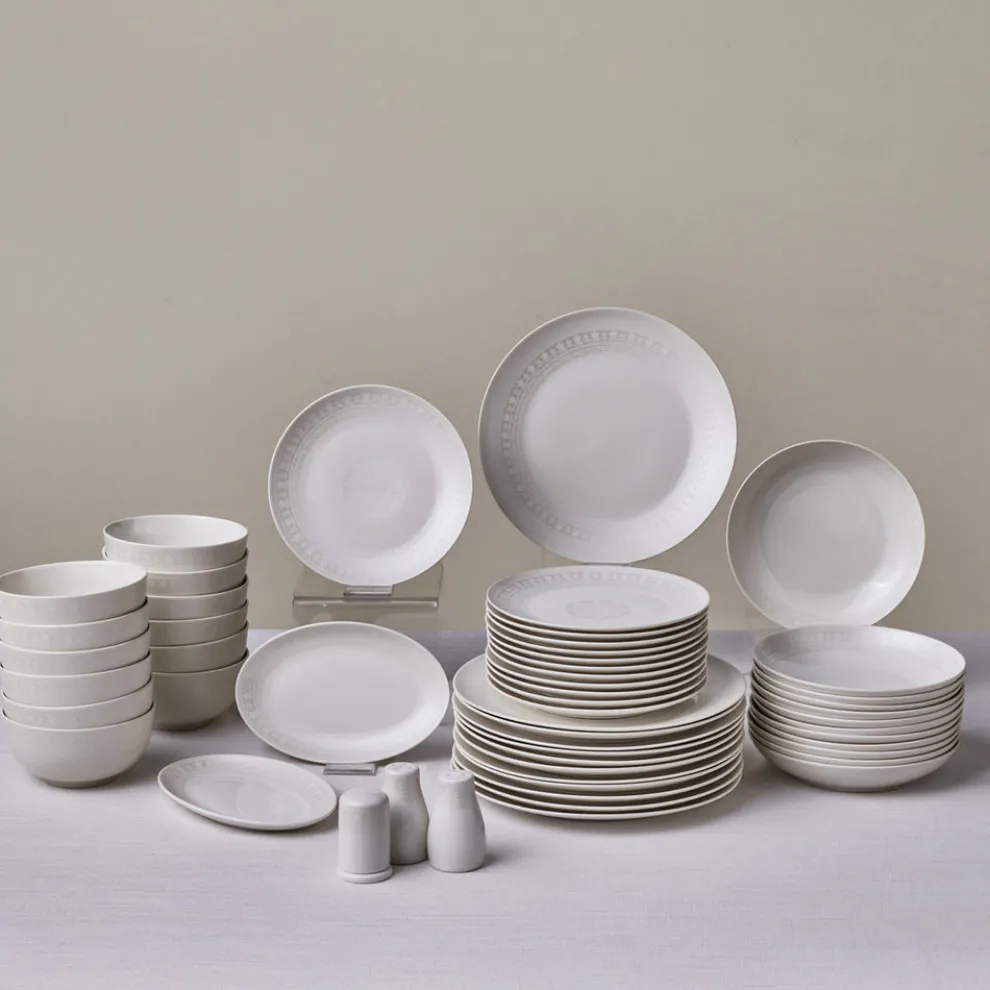 Karaca Forever Bone China Arte 53-Piece Dinner Set for 12 People, White