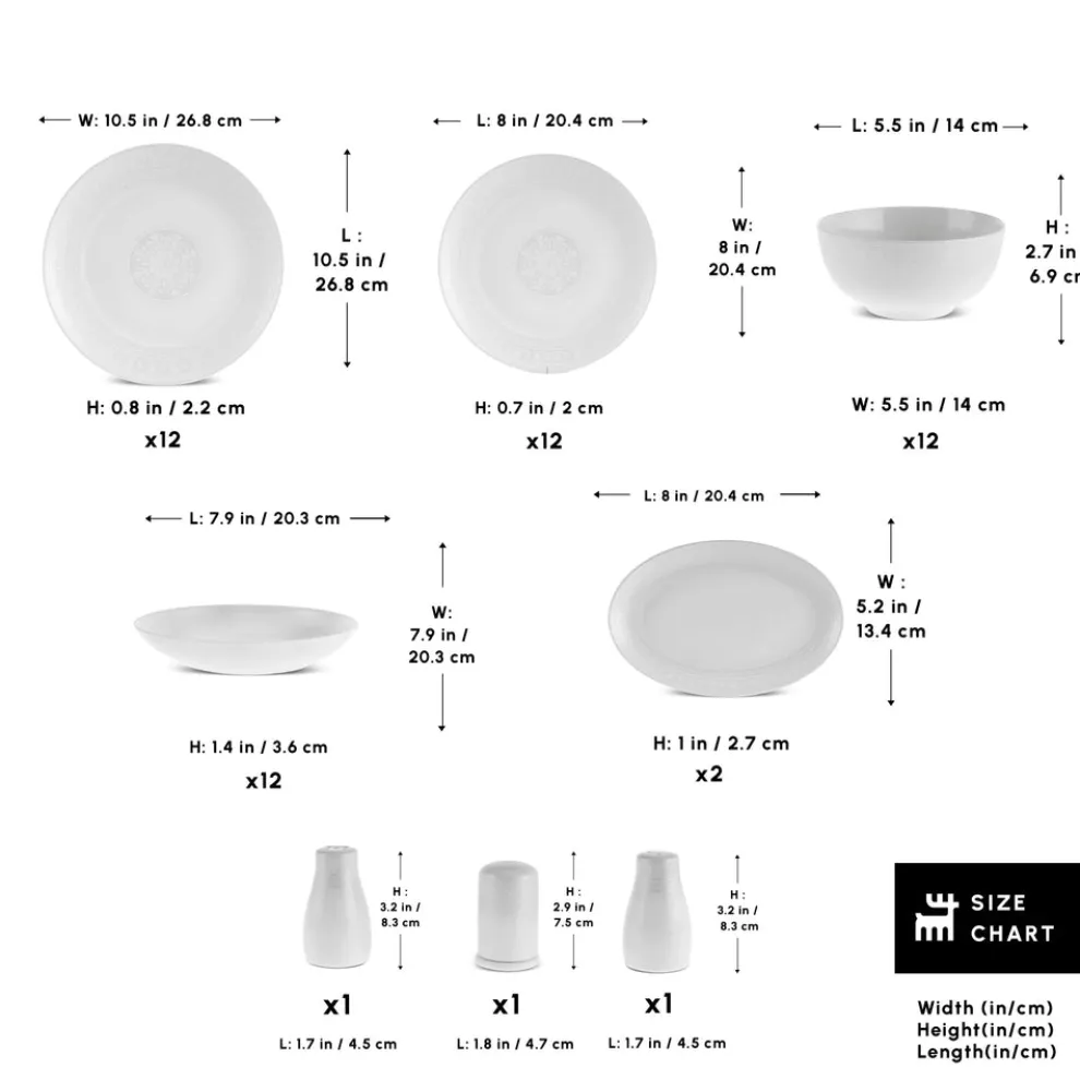 Karaca Forever Bone China Arte 53-Piece Dinner Set for 12 People, White