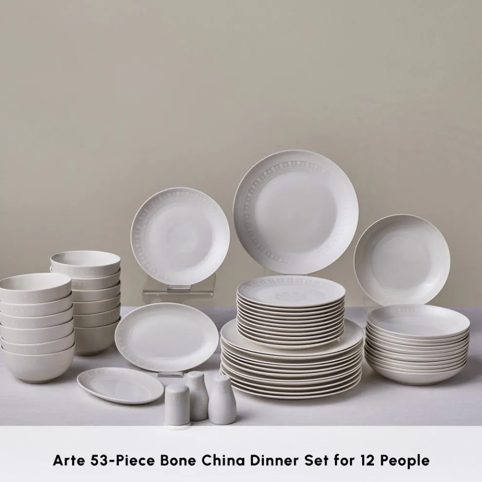 Karaca Forever Bone China Arte 53-Piece Dinner Set for 12 People, White