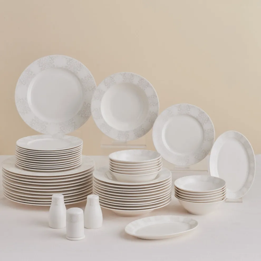 Karaca Forever Bone China New Olio 53-Piece Dinner Set for 12 People, White