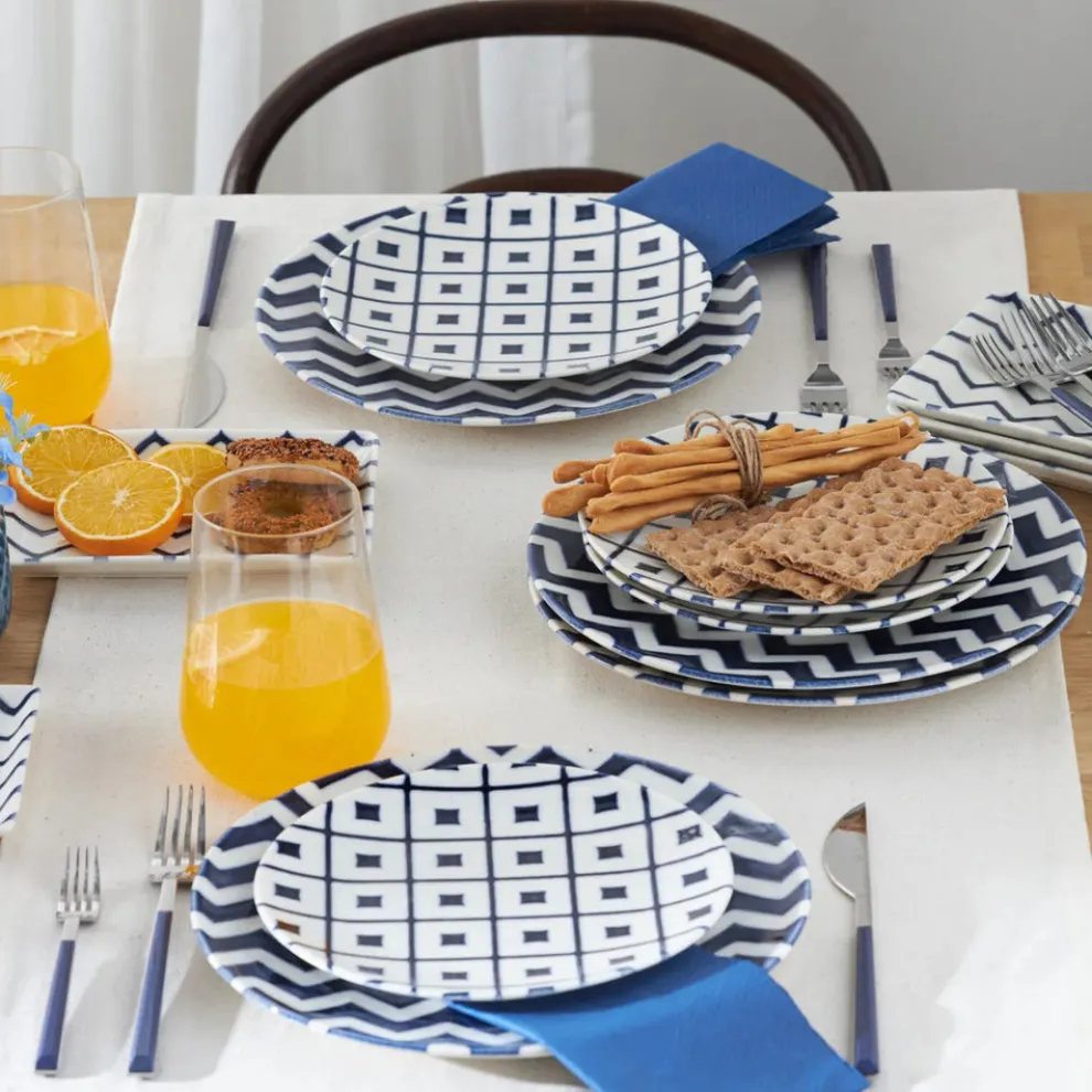 Karaca Forever Bone China Bettoni 18-Piece Serveware Set for 6 People, White Navy Blue