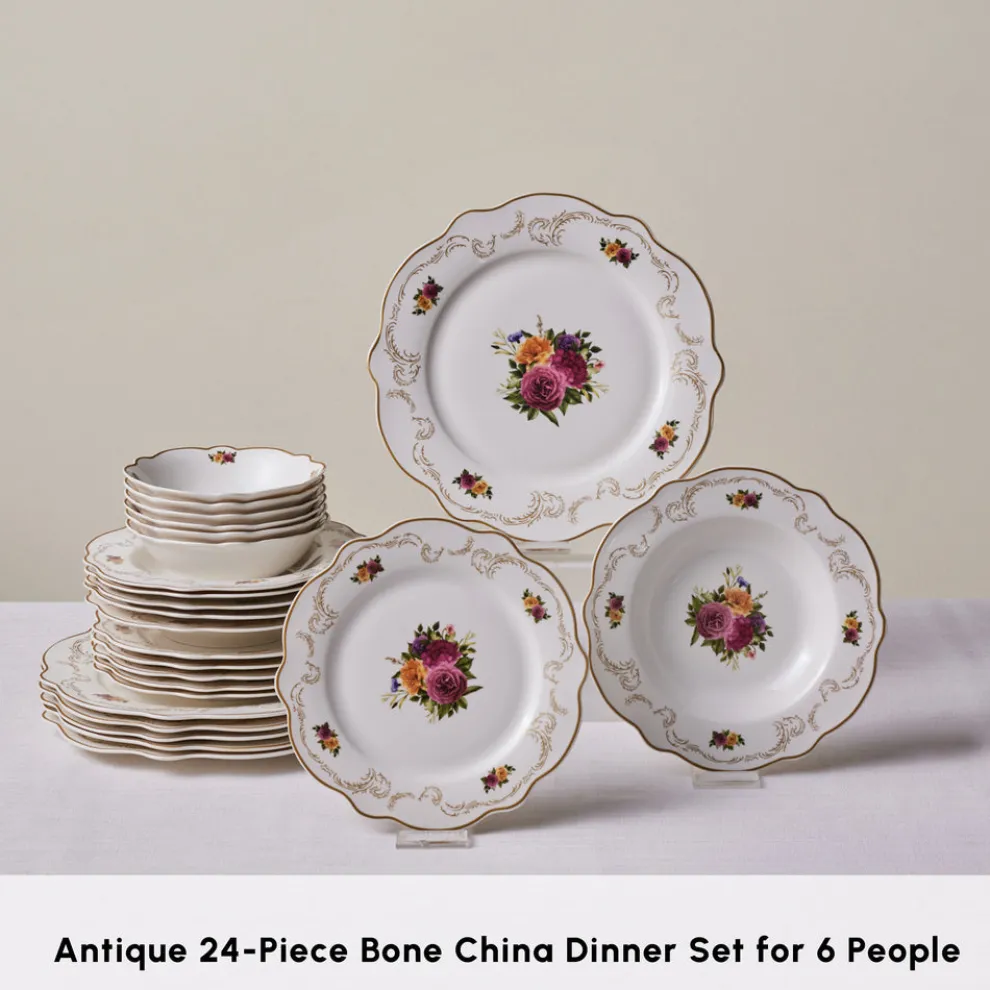 Karaca Forever Bone China Antique 24-Piece Dinner Set for 6 People, Multi