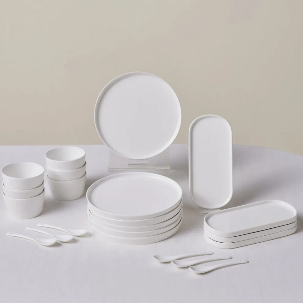 Karaca Forever Bone China Bomo 22-Piece Serveware Set for 6 People, White
