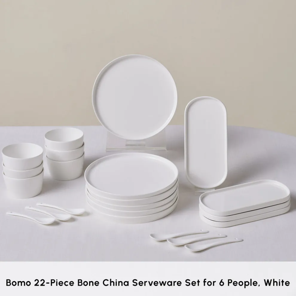Karaca Forever Bone China Bomo 22-Piece Serveware Set for 6 People, White