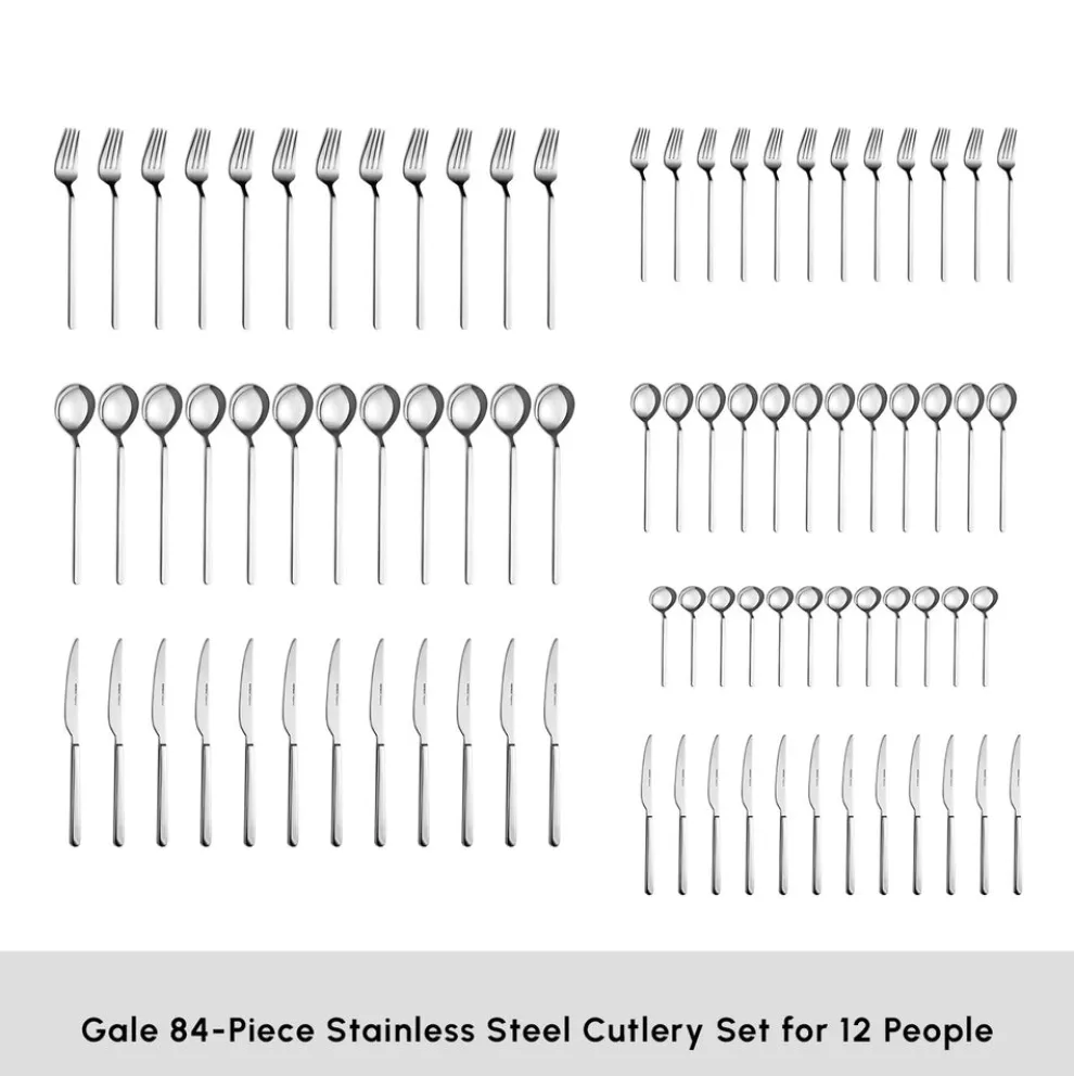 Karaca Gale 84-Piece Stainless Steel Cutlery Set for 12 People, Platin