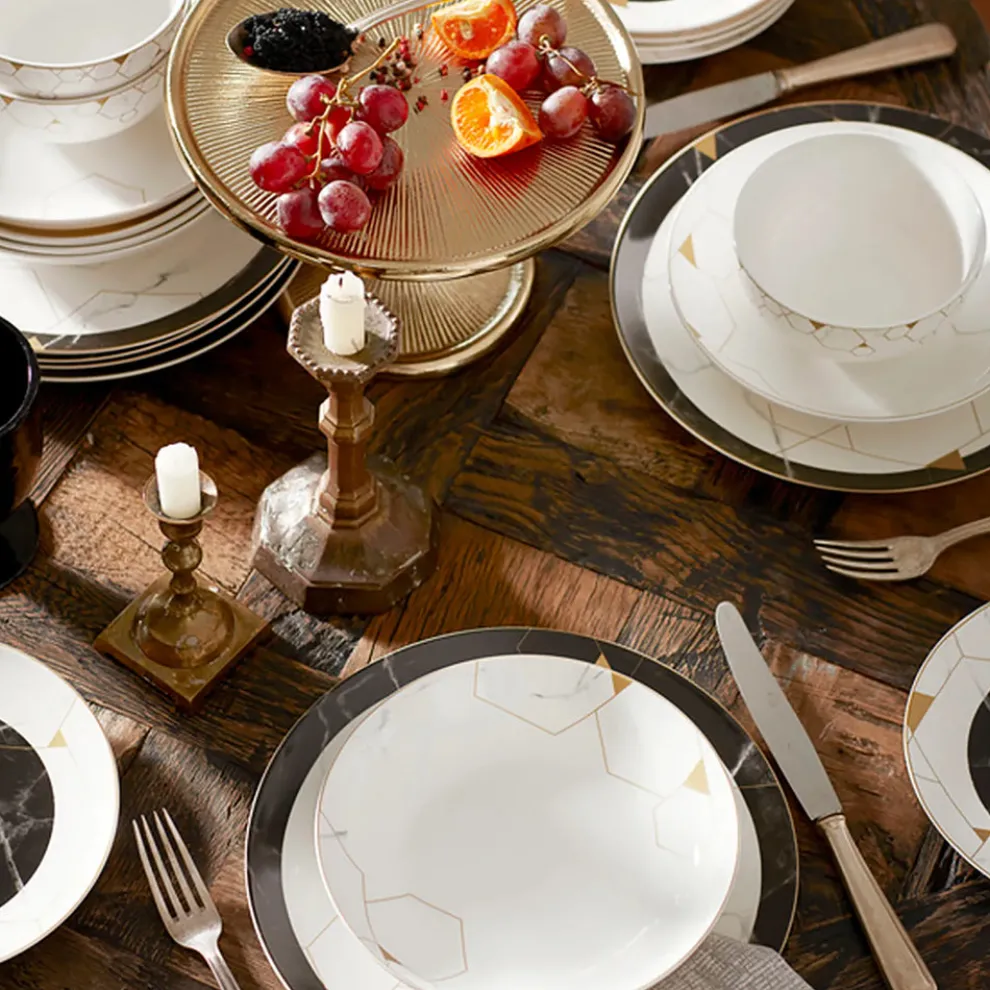 Karaca Gem 24-Piece Bone China Dinner Set for 6 People, Black Gold White