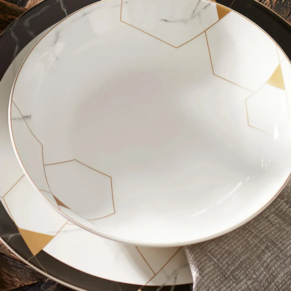 Karaca Gem 24-Piece Bone China Dinner Set for 6 People, Black Gold White