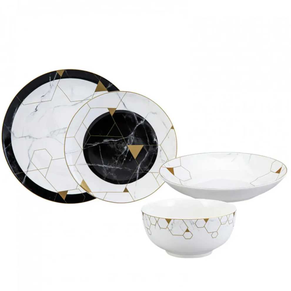 Karaca Gem 24-Piece Bone China Dinner Set for 6 People, Black Gold White