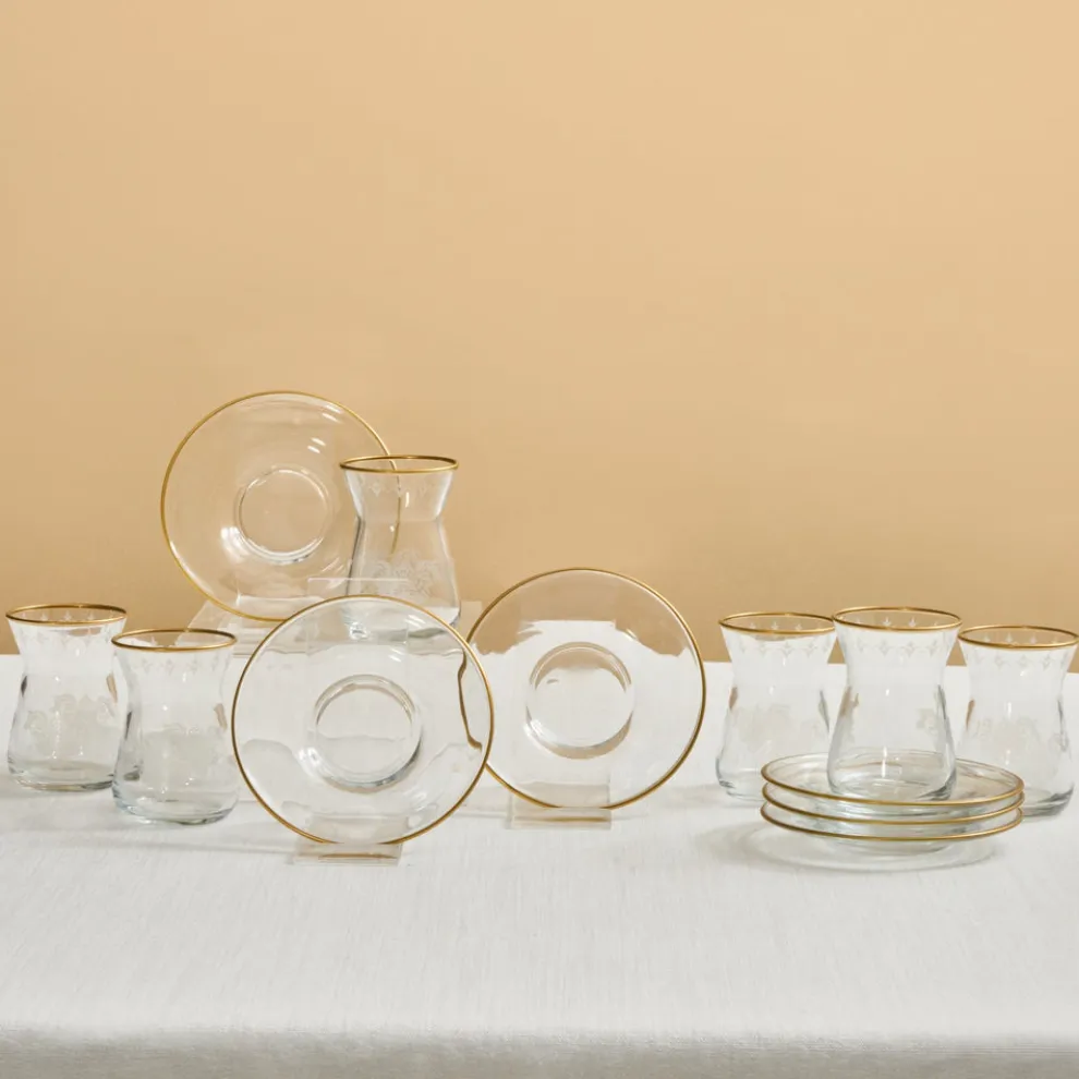 Karaca Gent 12-Piece Turkish Tea Set for 6 People, 132ml, Gold