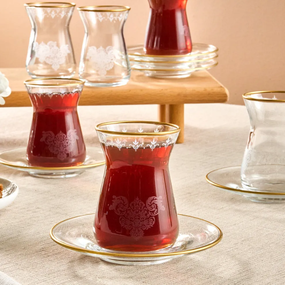 Karaca Gent 12-Piece Turkish Tea Set for 6 People, 132ml, Gold