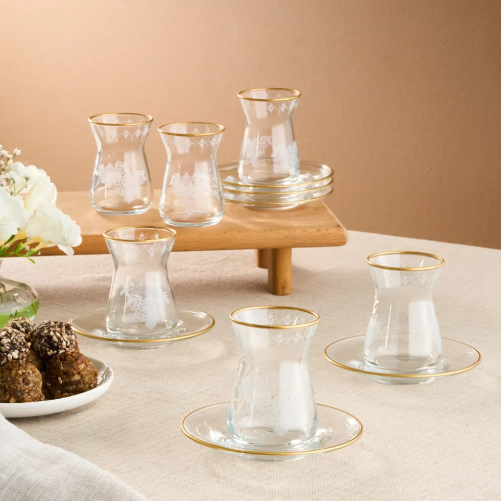 Karaca Gent 12-Piece Turkish Tea Set for 6 People, 132ml, Gold