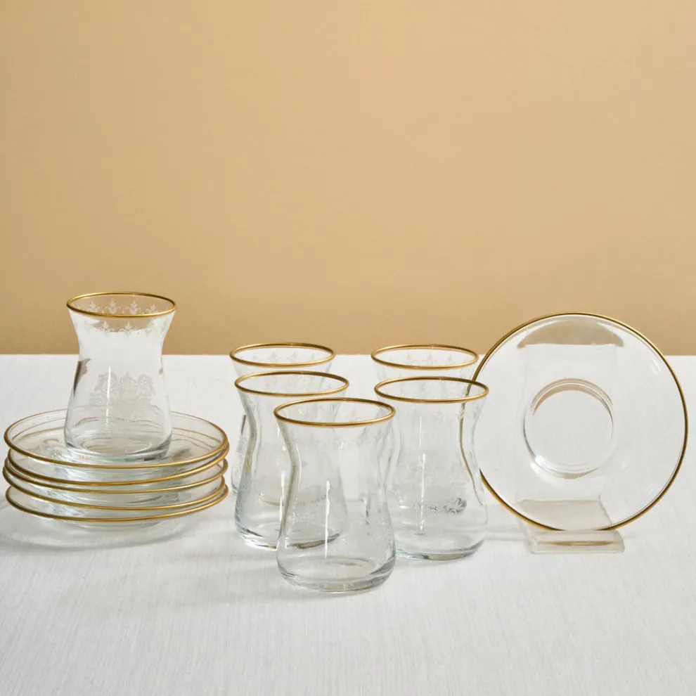 Karaca Gent 12-Piece Turkish Tea Set for 6 People, 132ml, Gold