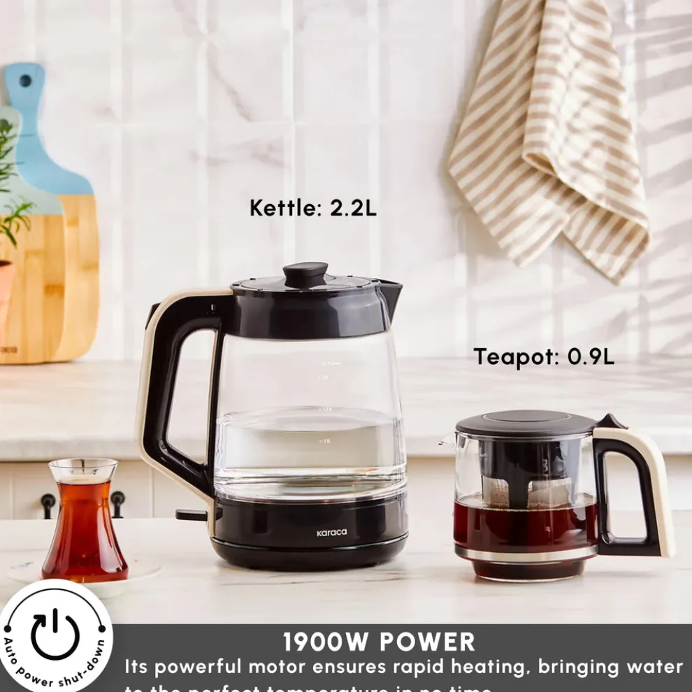 Karaca Glass Tea XL 2 in 1 Tea Maker Kettle, 1900W, Cream