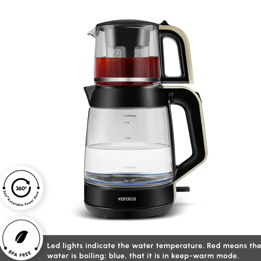 Karaca Glass Tea XL 2 in 1 Tea Maker Kettle, 1900W, Cream