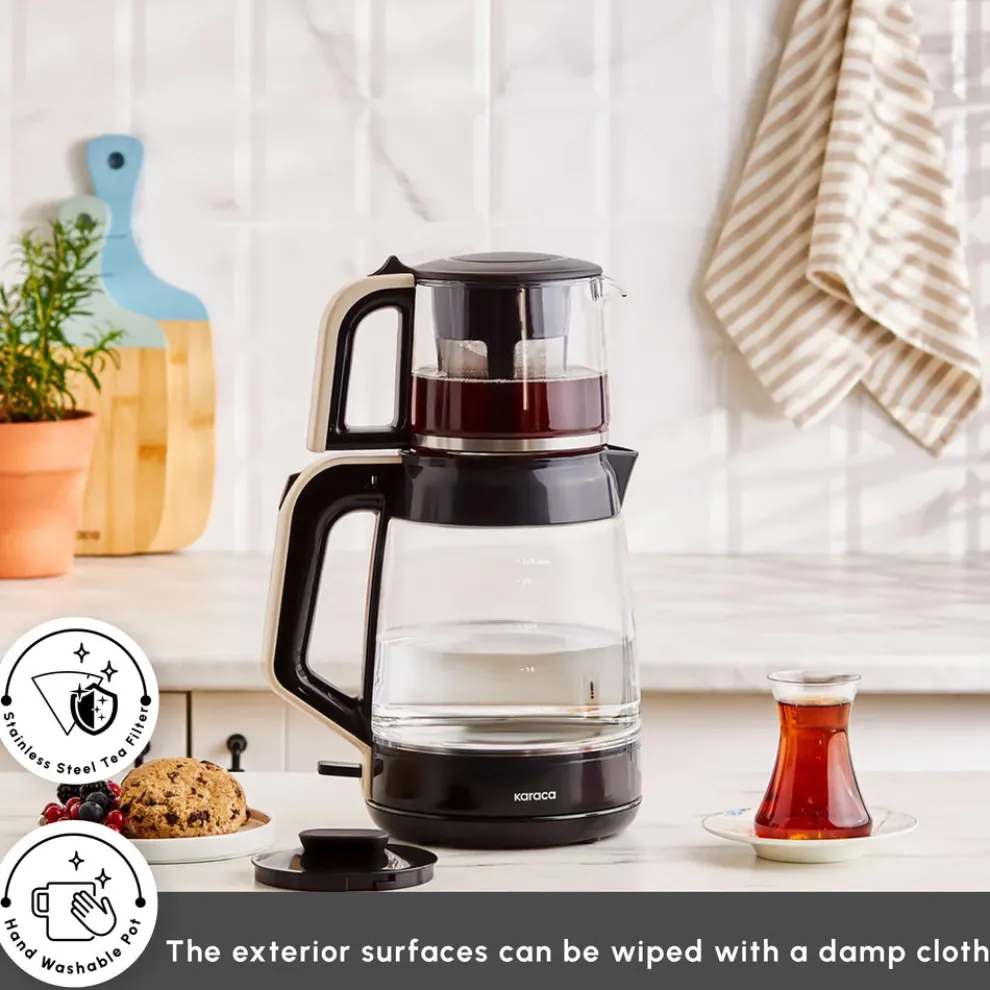 Karaca Glass Tea XL 2 in 1 Tea Maker Kettle, 1900W, Cream