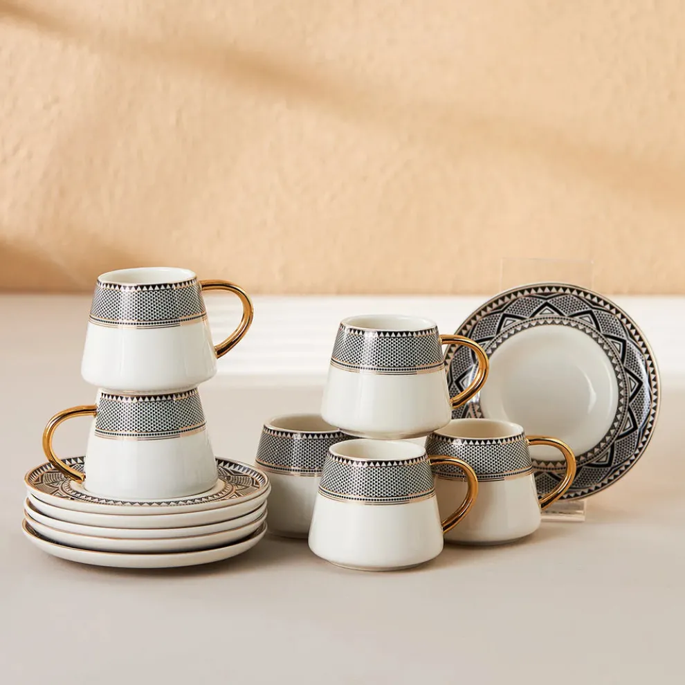 Karaca Globe 12-Piece Porcelain Espresso Turkish Coffee Cup Set for 6 People, 80ml, Multi