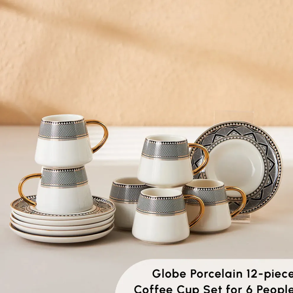 Karaca Globe 12-Piece Porcelain Espresso Turkish Coffee Cup Set for 6 People, 80ml, Multi