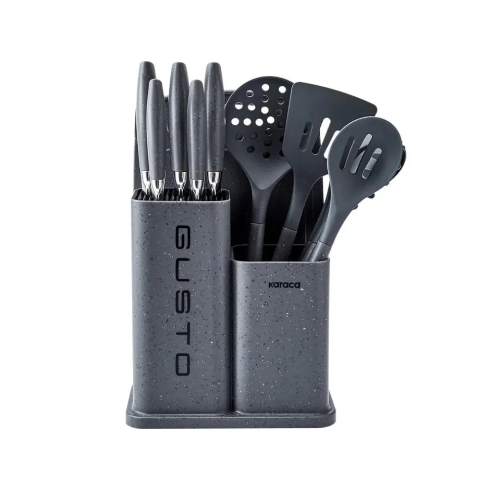 Karaca Gusto 12 Piece Knife Block Set, Kitchen Utensil Set with Block and Chopping Board, Grey