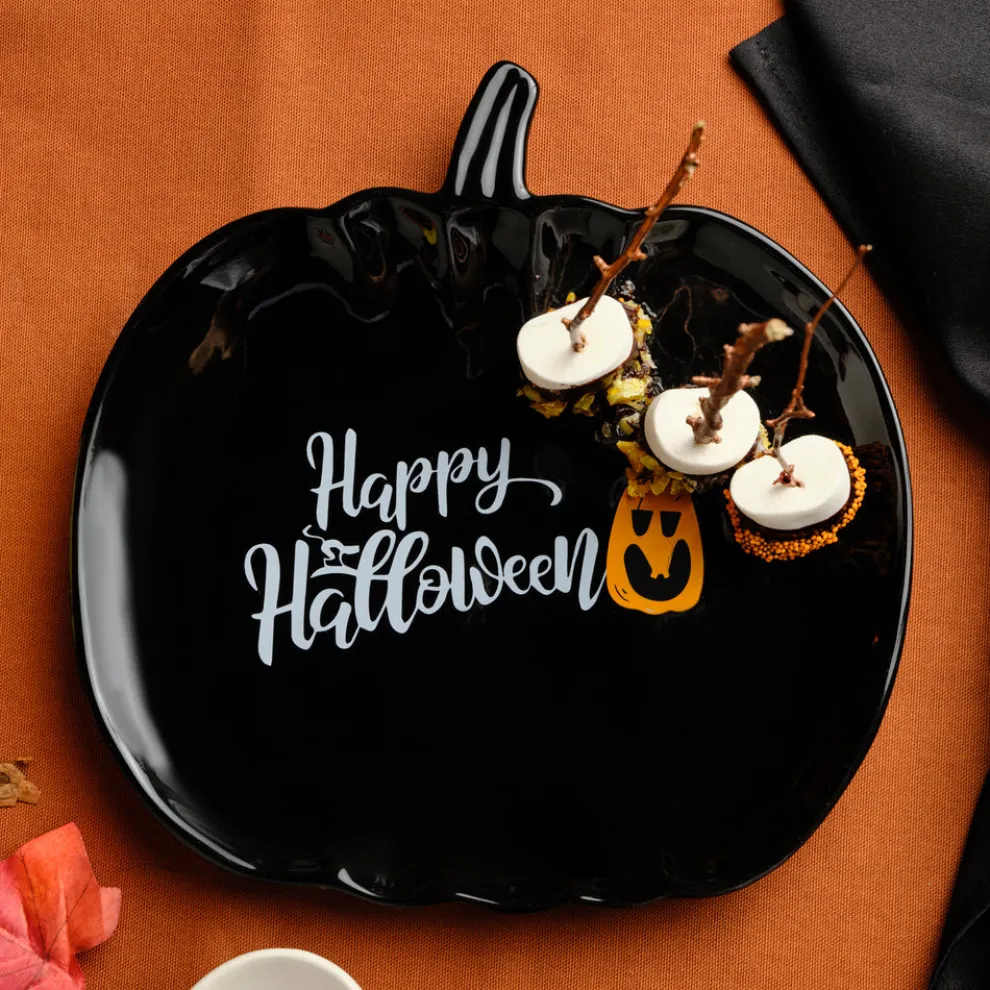 Karaca Halloween Black Pumpkin Ceramic Serving Platter, 26cm, Black