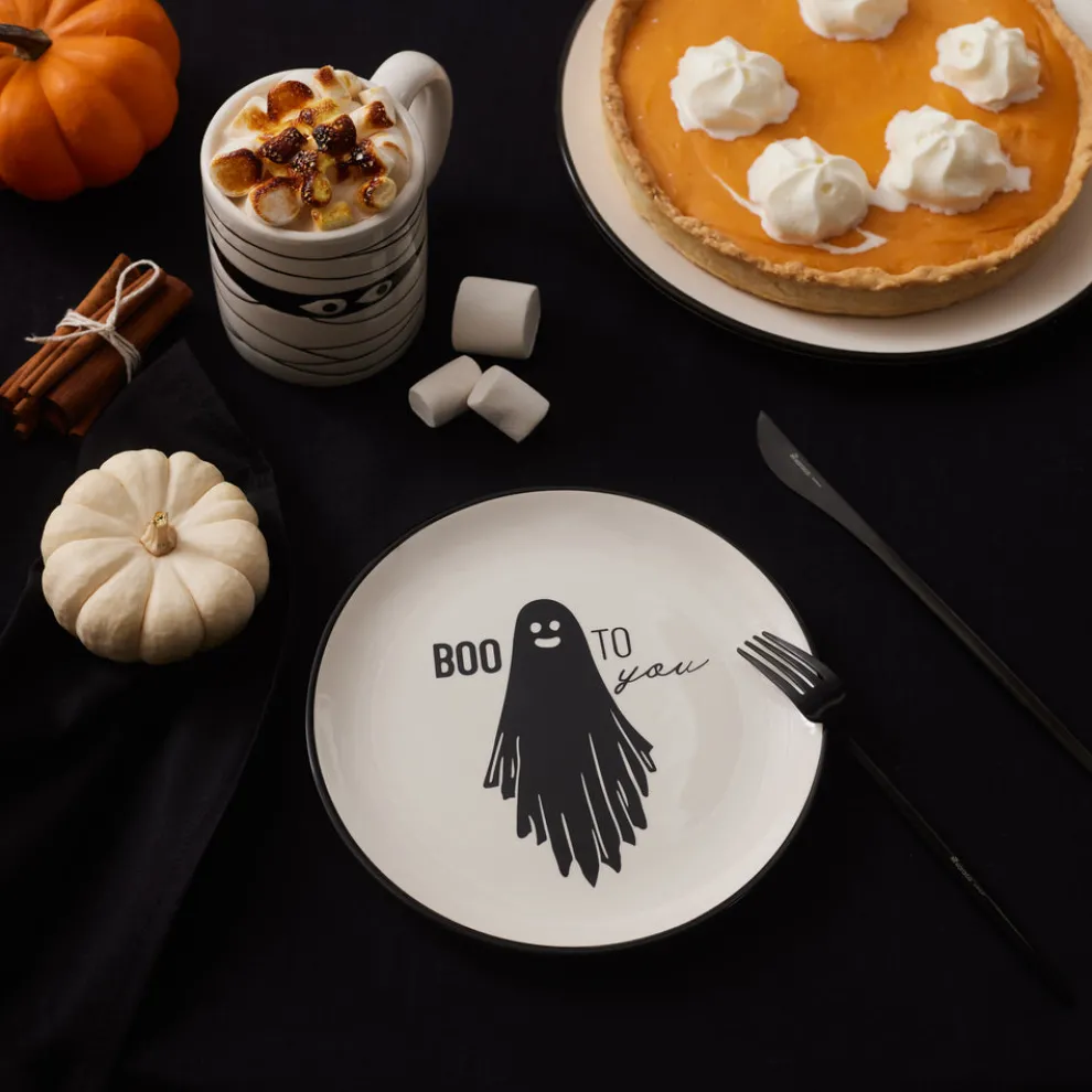 Karaca Halloween Boo Boo Ceramic Side Plate, 20cm, Black White