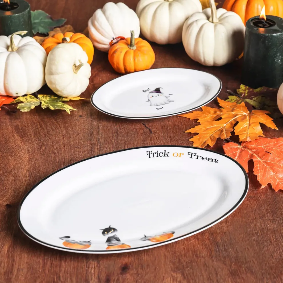 Karaca Halloween Cat Pumpkin Porcelain Serving Platter, 30cm, White Multi