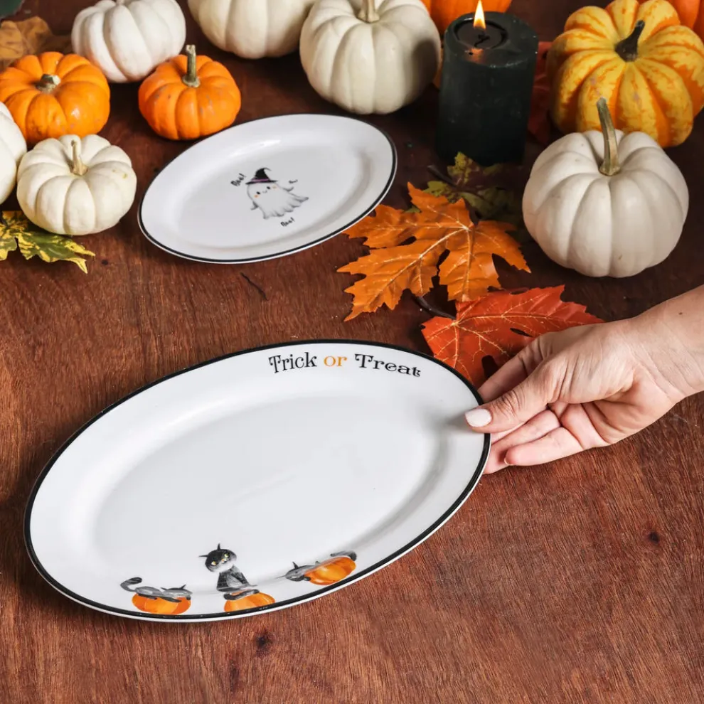 Karaca Halloween Cat Pumpkin Porcelain Serving Platter, 30cm, White Multi