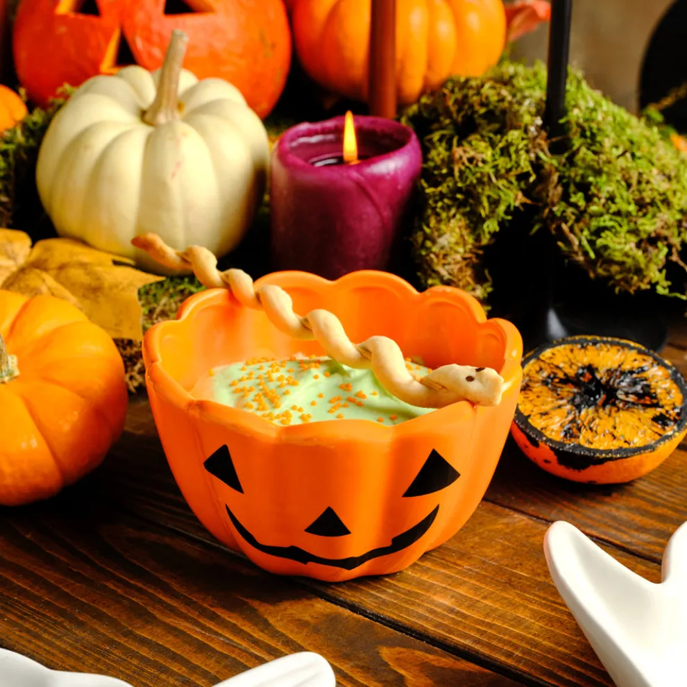 Karaca Halloween Pumpkin Ceramic Snack Bowl, 13cm, Orange